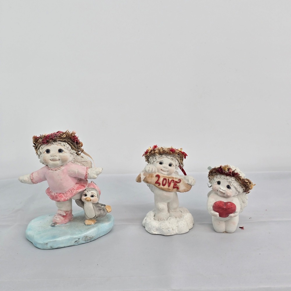 Vintage Angel Cherub Figurine Set 3pc Love Heart Ice Skating Penguin Decor